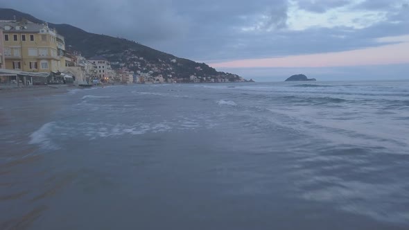 Gallinara island from Alassio coast in Liguria, Italy. Aerial view alt
