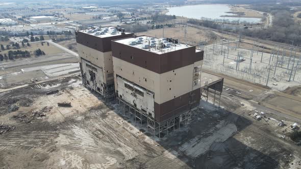 Coal plant being deconstructed from use in Kenosha, Wisconsin. Piles of debris for recycling.