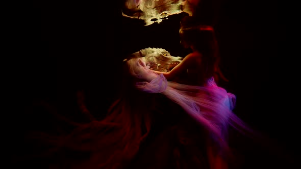 Enigmatic Lady and Dragon in Water of Magical Sea Underwater Shot Romantic and Mysterious Depth alt