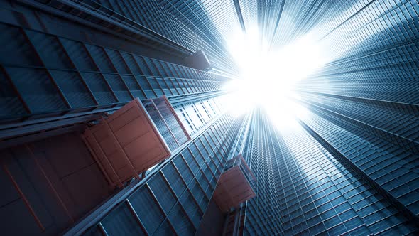 Elevator cabins traveling upwards on a skyscraper courtyard glass facade. 4KHD alt