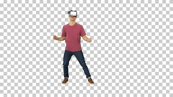 Casual man in VR glasses dancing playing video game Beginners alt