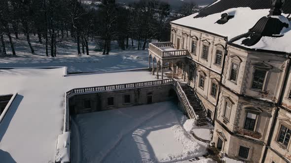 Aerial View of the Historic Old Castle at Sunny Winter Day Pidhirtsi Palace