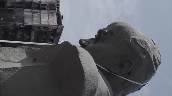 Vertical Video of the Shevchenko Monument Destroyed By the War in Borodyanka Ukraine alt