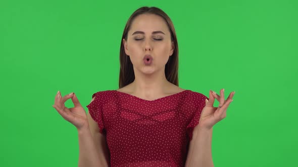 Portrait of Tender Girl Is Refusing Stress and Taking Situation, Calming Down, Breathing Deeply alt