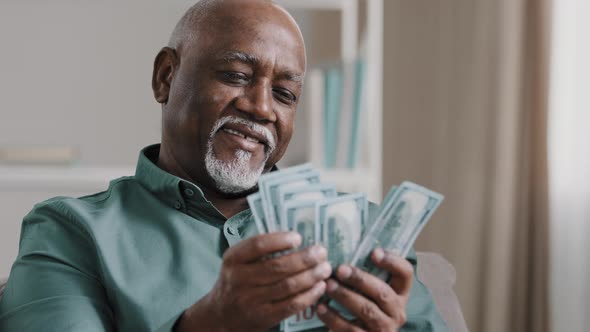 Happy African American Satisfied Winning Bet Elderly Retired Man Counting Savings Mature Male with alt