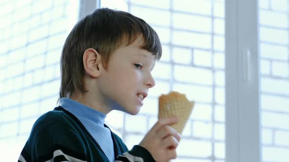 Seven-year-old Boy Licks Ice Cream Standing at the Window.