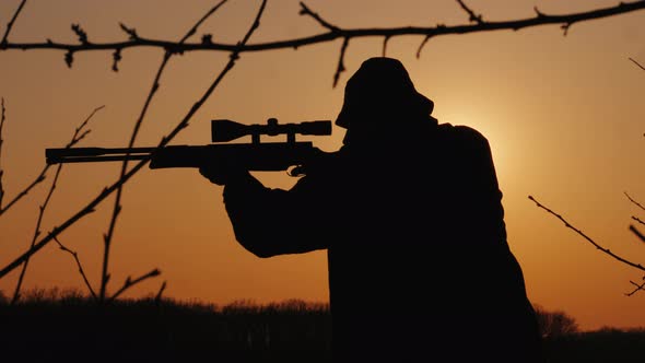 Silhouette of a Hunter Hunts Down a Game in the Forest Takes Aim alt