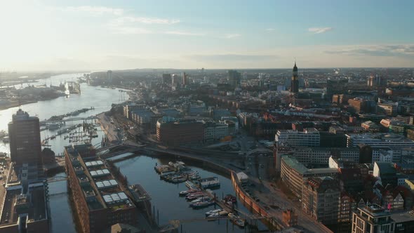 Aerial View of Traditional Buildings and Famous Landmarks By the River Elbe in Hamburg Port alt