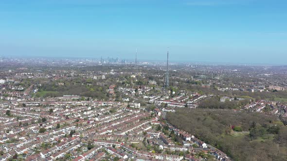 High drone shot of two antenna in south london Crystal palace tower radio alt