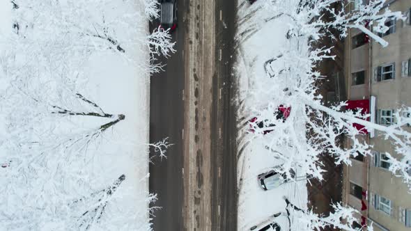 Aerial Top Down View of Snowy City Asphalt Road Landscapes in Winter alt