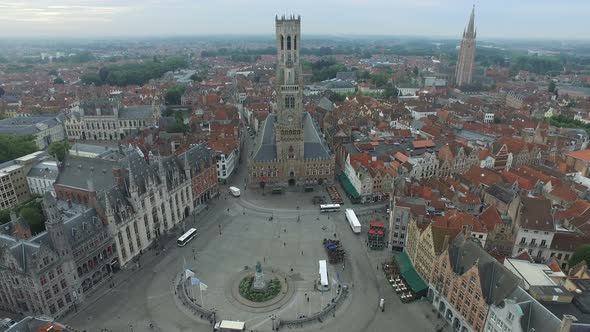 Aerial view of the Belfry of Bruges in Market Square 