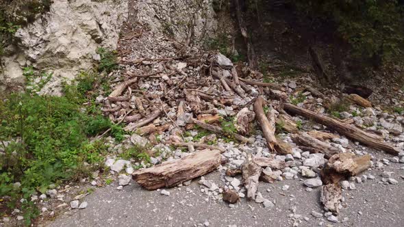 Rockfall on a road in the mountains.