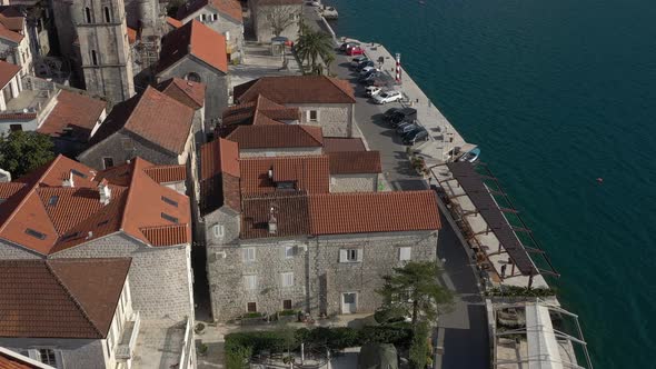 Flying low above the seaside town