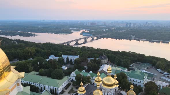 Kyiv-Pechersk Lavra in the Morning at Sunrise. Ukraine. Aerial View alt