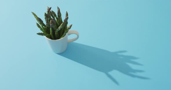 Video of fresh asparagus in white cup with copy space over blue background alt