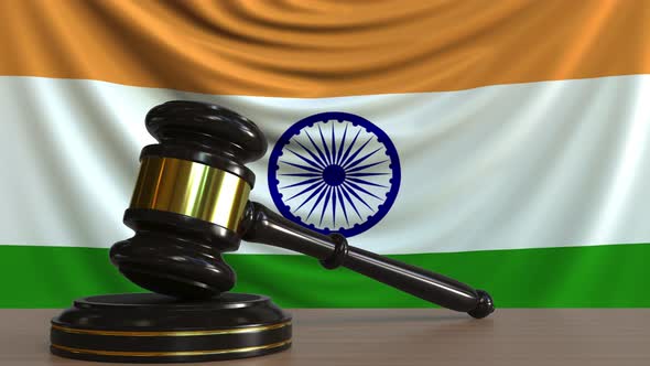 Judge's Gavel and Block Against the Flag of India