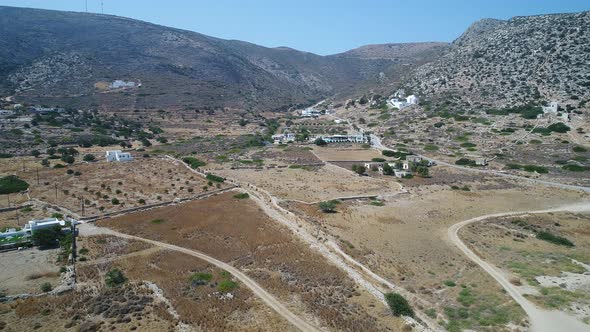 Mylopotas on the island of Ios in the Cyclades in Greece seen from the sky alt