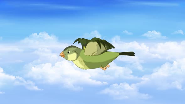 Small green forest bird flying in the sky