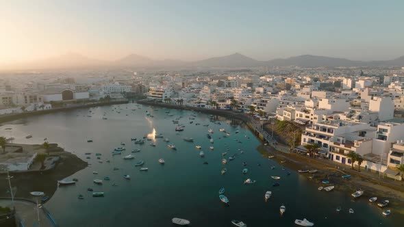 Drone Flight Over the Arresife Town Marina Bay alt