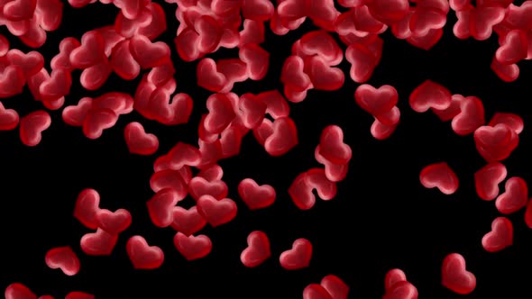 Flowing red hearts on black background