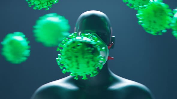 Wearing a mask to protect from attacking viruses. Concept of COVID protection. alt