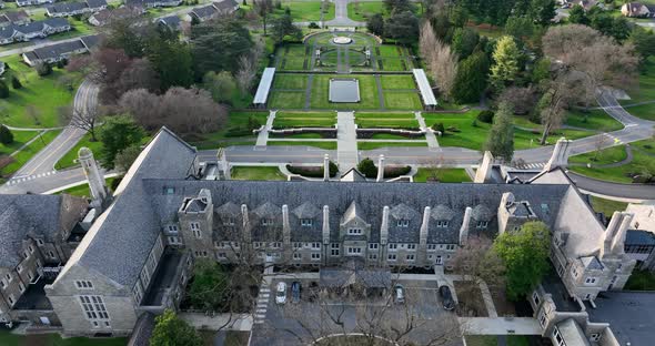 Gothic castle building in USA. Masonic Village Elizabethtown, Pennsylvania. Retirement home facility alt