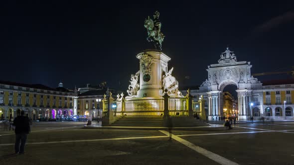 Triumphal Arch at Rua Augusta and Bronze Statue of King Jose I at Commerce Square Night Timelapse alt
