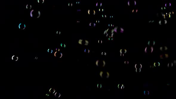 Small Round Transparent Soap Bubbles Fly Very Fast. Black Background alt