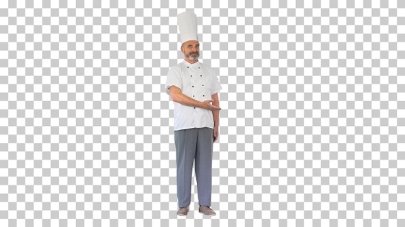 Professional chef man making welcome gesture, Alpha Channel alt