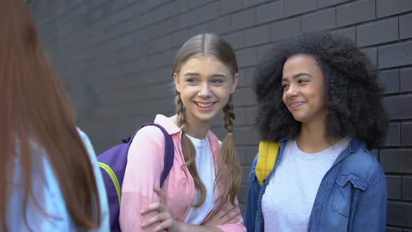 Mocking Schoolgirls Looking at Passing Classmate, School Bullying, Gossiping alt
