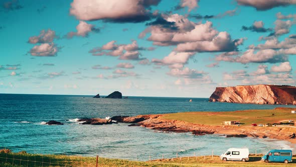Camper Vans on Coast in Asturias Spain. Timelapse alt