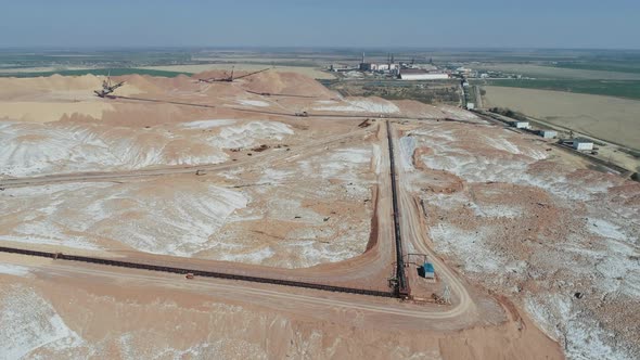 Mining of Potash Salt, Aerial View of Salt Piles and Industrial Quarries, Conveyor Line, View From alt