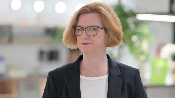 Portrait of Old Businesswoman Saying No By Head Sign alt
