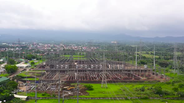 Distributing High Voltage Power Substation in Regional Town Viewed From Above on a Block of Land alt
