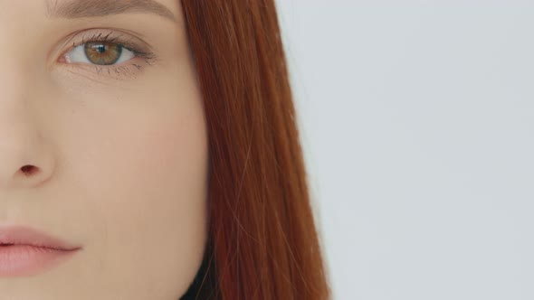 Close Up Female Portrait Redhaired Sad Caucasian Woman Half Face Perfect Clean Smooth Skin After alt