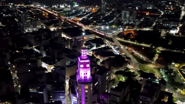 Aerial time lapse landscape of downtown Sao Paulo Brazil. Traffic at famous avenue alt