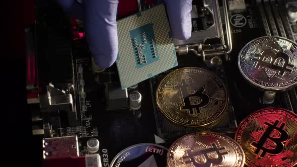 Bitcoin BTC Ethereum Coins on Digital Computer Motherboard Cryptocurrency Mining Cashless Future alt