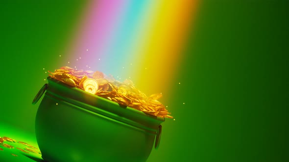 The magical rainbow that leads to the pot of gold.  A cauldron is full of coins. alt