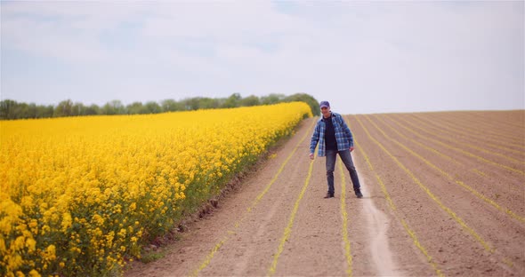 Farmer or Agronomist Walking on Agrculture Field and Looking at Crops alt