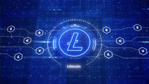 Litecoin crypto animated logo. Altcoin LTC in digital environment. Cryptocurrency of future alt
