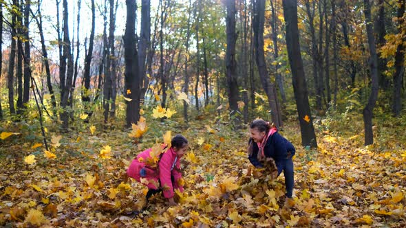 Two Little Girls Throw Autumn Leaves in the Park