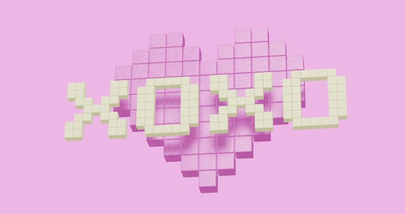 Minimal motion design. 3d creative text Xo-xo and hearts moves in pink abstract space.