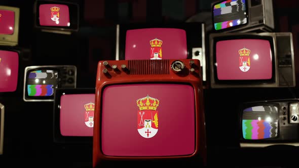 Flag of Albacete, province of central Spain, and Retro TVs. alt