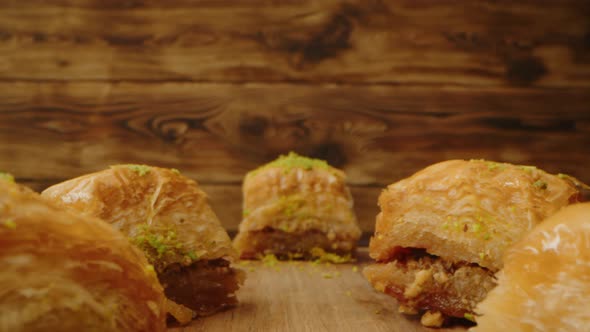 Eastern Sweets Baklava on Wooden Background Zoom in Video