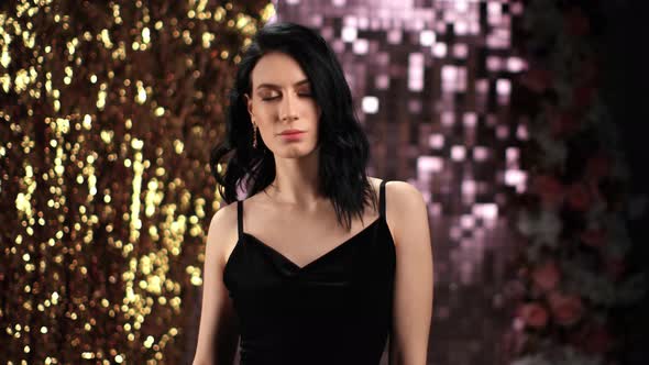 Fashionable Lady in Sexy Black Dress Dancing Luxury Party Bright Bokeh alt