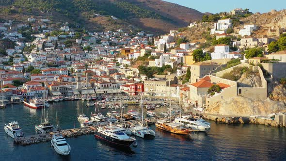 Aerial View of Hydra Old Town and Marina or Seaport Greece  Drone Videography alt