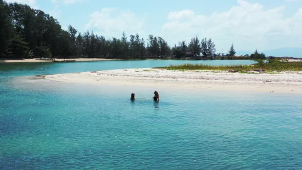 Women enjoying life on beautiful tourist beach vacation by transparent sea and bright sandy backgrou alt