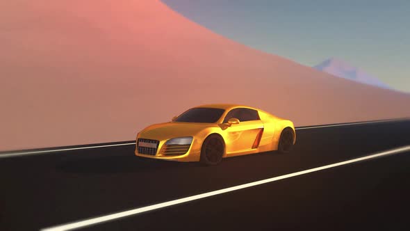 Gold Car Driving On Desert Road alt