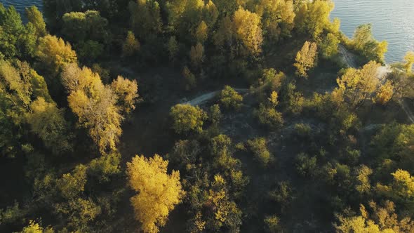Aerial Drone Footage. Flight Over Island on Dnipro River at Autumn Season