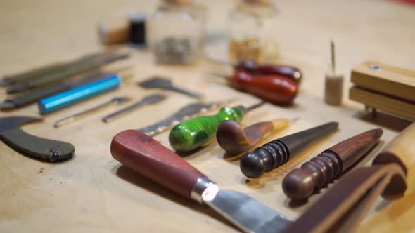 Leather Crafting, Artisan Crafts, Handmade Leather Tools with Wax Cord and Needle. Leather Pieces